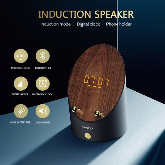 Wooden Speaker Smart Induction Speaker Phone Holder Portable Mini Desktop Wireless Alarm Clock Bluetooth Speaker Utrano