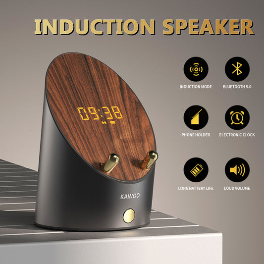 Wooden Speaker Smart Induction Speaker Phone Holder Portable Mini Desktop Wireless Alarm Clock Bluetooth Speaker Utrano