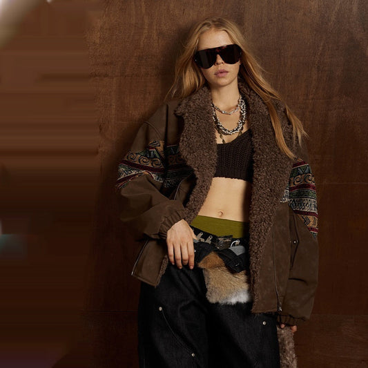 Thermal Cotton-Padded Jacket With Spliced PU Leather And Lambswool Lining