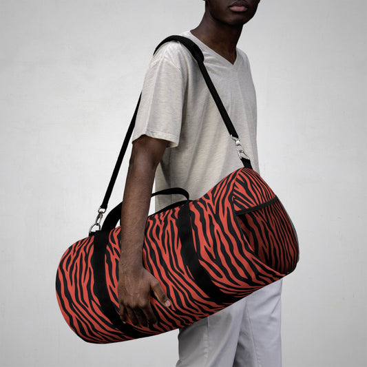 Red Tiger Stripe Duffel Bag — Bold Animal Print Travel Gym Bag