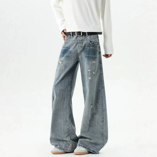 Bamboo Texture Distressed Washed Straight Leg Oversized Tapered Jeans
