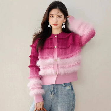 Chic Pink Gradient Long Sleeve Knit Cardigan Coat for Women, Autumn Winter Stylish Short Woolly Top