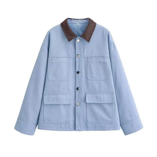 Corduroy contrasting color patchwork collar jacket