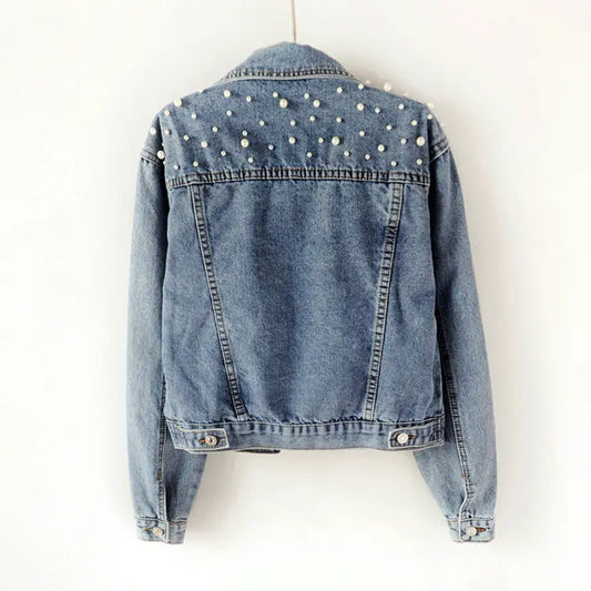 Denim Jacket Women Plus Size Embellished Beaded Coat Female Student Light Blue Jacket Loose Fit