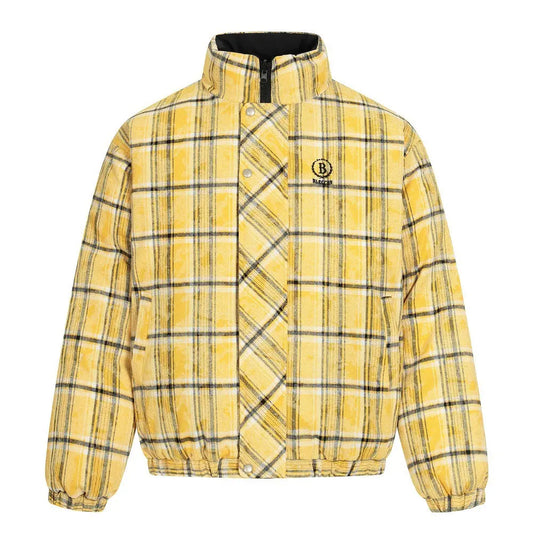 Double sided plaid stand up collar cotton jacket