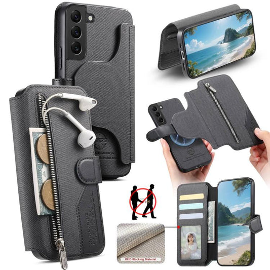 Twill Fabric MagSafe RFID Anti-theft Zipper Wallet Leather Phone Case, For Galaxy S22 5G, For Galaxy S21 FE 5G, For Galaxy S21 5G, For Galaxy S21+ 5G