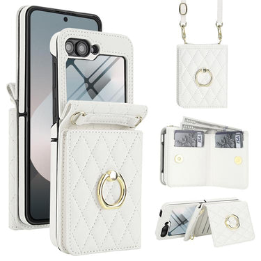 Integrated Rhombic Texture Ring RFID Card Bag Phone Case with Long Lanyard, For Samsung Galaxy Z Flip5 5G, For Samsung Galaxy Z Flip4 5G, For Samsung Galaxy Z Flip3 5G