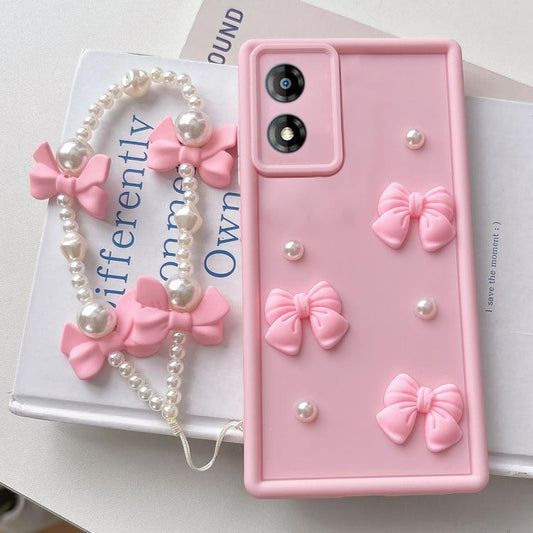 Soft Silicone 3D Bowknot Pearl Phone Case with Beaded Wrist Strap, For Motorola Moto E13, For Motorola Moto G53 5G, For Motorola Moto E22 4G / E22i 4G, For Motorola Moto E32 Global, For Motorola Moto G22, For Motorola Moto E30