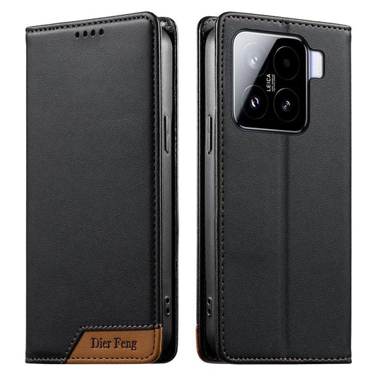 Dierfeng Splicing Strong Magnetic RFID Vegan Leather Phone Case, For Xiaomi 15, For Xiaomi 14T Pro, For Xiaomi 14T, For Xiaomi Poco F6 / Redmi Turbo 3