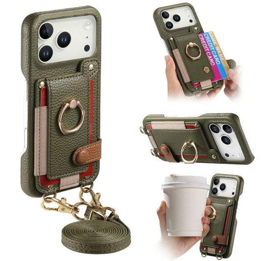 Litchi Texture Card Bag Ring Holder Vegan Leather + PC Phone Case with Shoulder Strap, For iPhone 16e / 17e, For iPhone 17 Pro Max, For iPhone 17 Pro