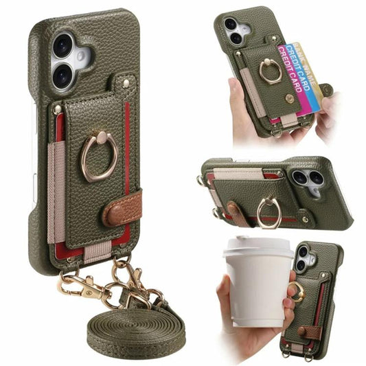 Litchi Texture Card Bag Ring Holder Vegan Leather + PC Phone Case with Shoulder Strap, For iPhone 17, For iPhone Air, For iPhone 16 Pro Max