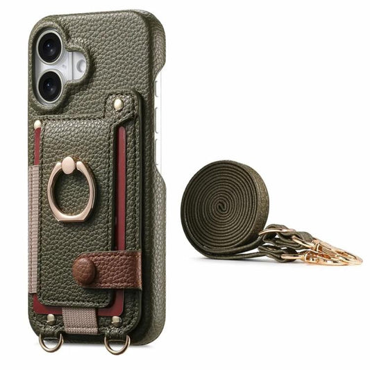 Litchi Texture Card Bag Ring Holder Vegan Leather + PC Phone Case with Shoulder Strap, For iPhone 17, For iPhone Air, For iPhone 16 Pro Max