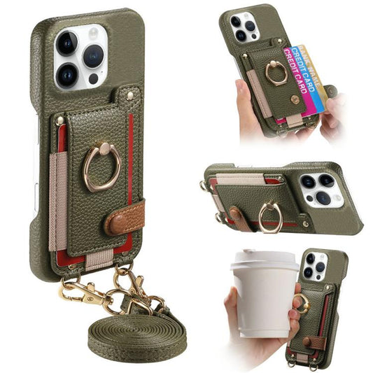 Litchi Texture Card Bag Ring Holder Vegan Leather + PC Phone Case with Shoulder Strap, For iPhone 16 Pro, For iPhone 16 Plus, For iPhone 16