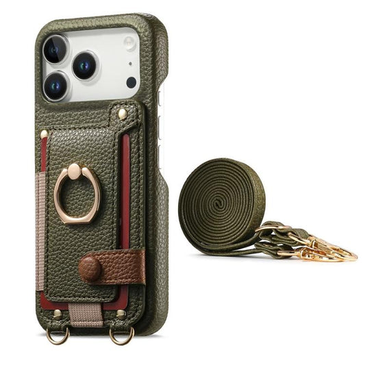 Litchi Texture Card Bag Ring Holder Vegan Leather + PC Phone Case with Shoulder Strap, For iPhone 16 Pro, For iPhone 16 Plus, For iPhone 16