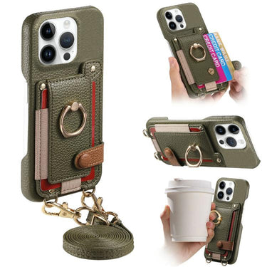 Litchi Texture Card Bag Ring Holder Vegan Leather + PC Phone Case with Shoulder Strap, For iPhone 14 Pro, For iPhone 14 Pro Max, For iPhone 6 / 7 / 8