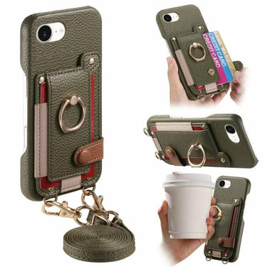 Litchi Texture Card Bag Ring Holder Vegan Leather + PC Phone Case with Shoulder Strap, For iPhone 16e / 17e, For iPhone 17 Pro Max, For iPhone 17 Pro