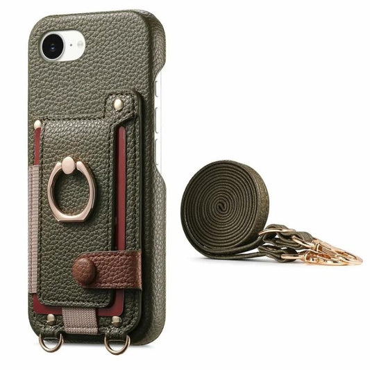 Litchi Texture Card Bag Ring Holder Vegan Leather + PC Phone Case with Shoulder Strap, For iPhone XR, For iPhone XS Max, For iPhone 6 Plus/7 Plus/8 Plus