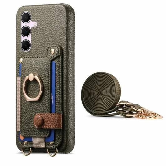 Litchi Texture Card Bag Ring Holder Vegan Leather + PC Phone Case with Shoulder Strap, For Samsung Galaxy S23 5G, For Samsung Galaxy S22 5G