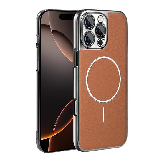 Electroplated Frame Vegan Leather Magnetic Shockproof Phone Case, For iPhone 16 Pro, For iPhone 16 Plus, For iPhone 16, For iPhone 15 Pro Max