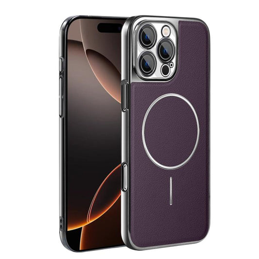 Electroplated Frame Vegan Leather Magnetic Shockproof Phone Case, For iPhone 16 Pro, For iPhone 16 Plus, For iPhone 16, For iPhone 15 Pro Max