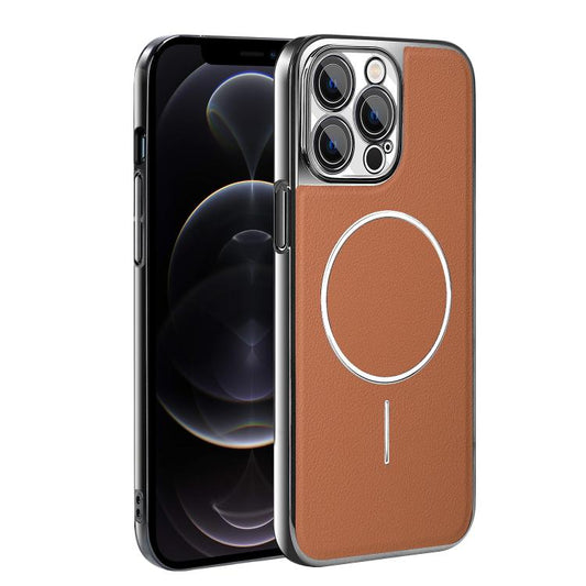 Electroplated Frame Vegan Leather Magnetic Shockproof Phone Case, For iPhone 12 Pro