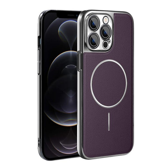 Electroplated Frame Vegan Leather Magnetic Shockproof Phone Case, For iPhone 12 Pro