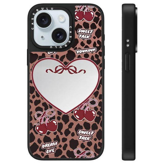 Leopard Cherry Series Pattern Mirror Phone Case, For iPhone 15 Plus, For iPhone 15