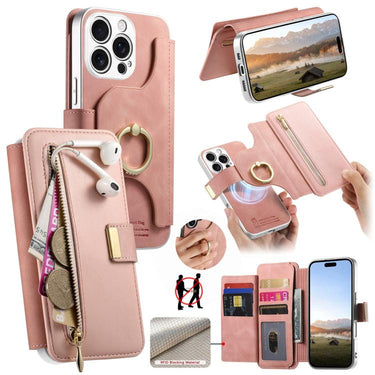 Precision Hole Silver-Edged Ring RFID Blocking Zipper Wallet Magnetic Vegan Leather Phone Case, For iPhone 16 Plus, For iPhone 16, For iPhone 15 Pro Max