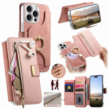 Precision Hole Silver-Edged Ring RFID Blocking Zipper Wallet Magnetic Vegan Leather Phone Case, For iPhone 13 Pro Max, For iPhone 13 Pro, For iPhone 13