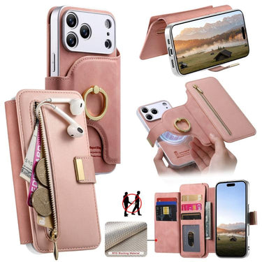 Precision Hole Silver-Edged Ring RFID Blocking Zipper Wallet Magnetic Vegan Leather Phone Case, For iPhone 17, For iPhone 16 Pro Max, For iPhone 16 Pro
