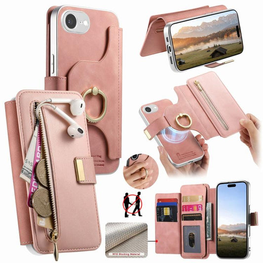 Precision Hole Silver-Edged Ring RFID Blocking Zipper Wallet Magnetic Vegan Leather Phone Case, For iPhone 16 Plus, For iPhone 16, For iPhone 15 Pro Max