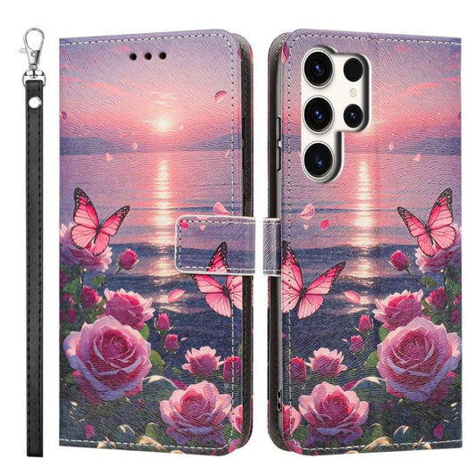 Painted Pattern Vegan Leather Phone Case with Strap, For Galaxy S24 Ultra 5G, For Galaxy S23 FE 5G, For Galaxy S23 Ultra 5G