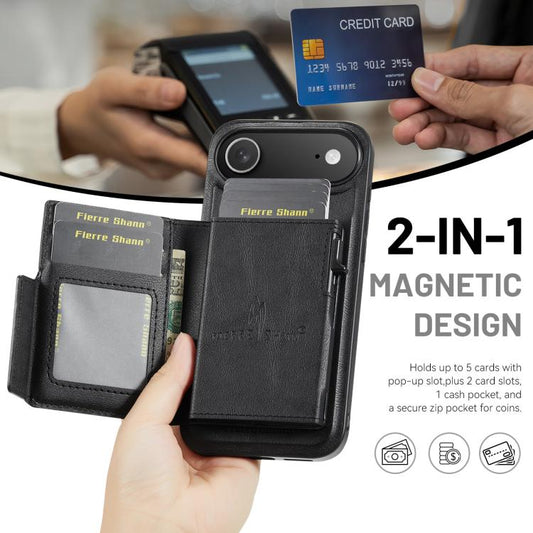 Fierre Shann Oil Wax Vegan Leather Magnetic Card Holder Back Phone Case, For iPhone Air, For iPhone 16 Pro Max, For iPhone 16 Pro, For iPhone 16 Plus