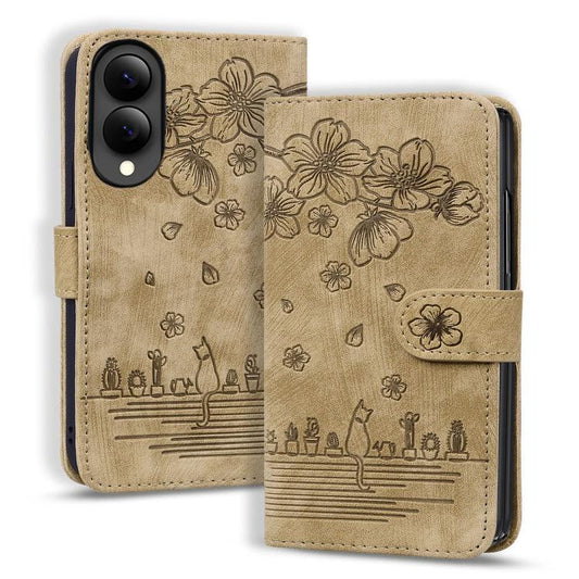 Cartoon Sakura Cat Embossed Leather Phone Case, For Galaxy Z Fold8 5G, For Galaxy Z Fold8 Ultra 5G, For Galaxy Z Fold7 5G