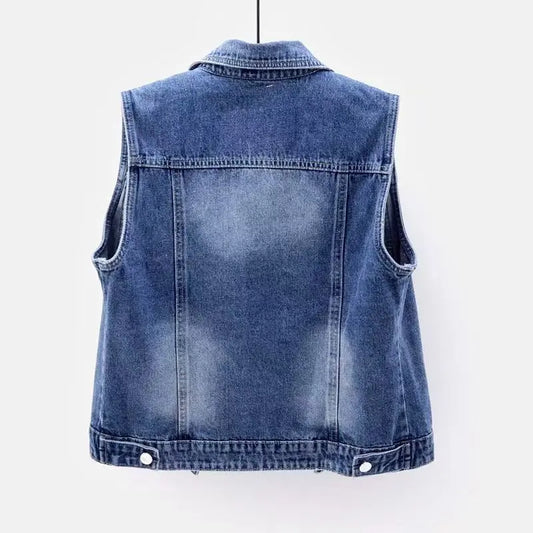 Fashionable Washed Denim Vest for Women with Distressed Patches and Beaded Details, Sleeveless Jacket Versatile Outerwear