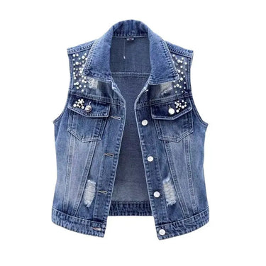 Fashionable Washed Denim Vest for Women with Distressed Patches and Beaded Details, Sleeveless Jacket Versatile Outerwear