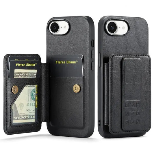 Fierre Shann Oil Wax Cow Leather Card Holder Back Phone Case, For iPhone 17e / 16e, For iPhone 17 Pro Max, For iPhone 17 Pro, For iPhone 17