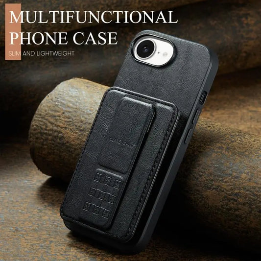Fierre Shann Oil Wax Cow Leather Card Holder Back Phone Case, For iPhone 17e / 16e, For iPhone 17 Pro Max, For iPhone 17 Pro, For iPhone 17