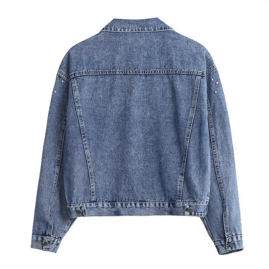 Five Dragonflies Beaded Loose Fit Long Sleeve Denim Jacket for Women