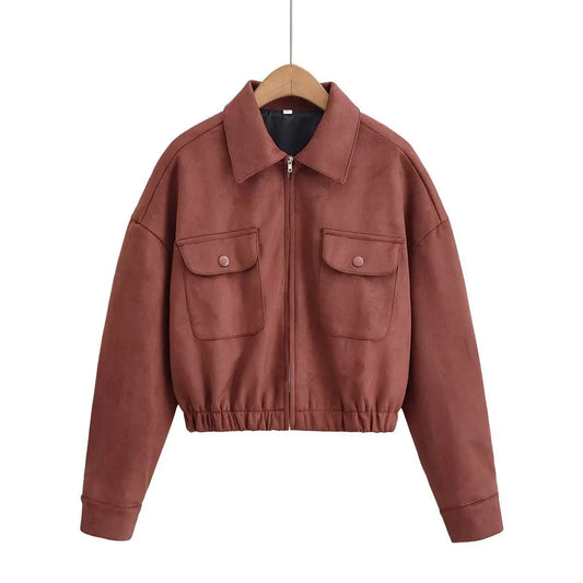Flip collar pocket hem loose suede Women jacket