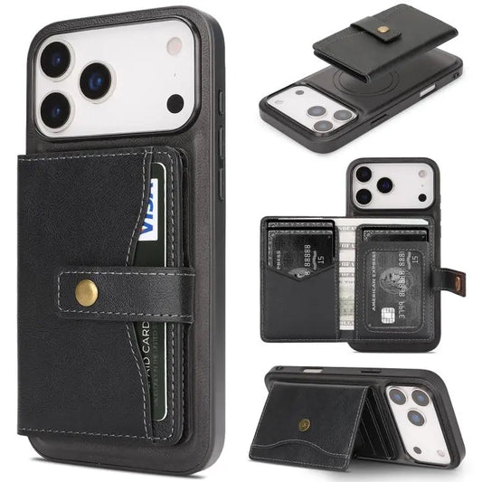 Kalebol Magnetic Button Card Bag MagSafe Ring Leather Phone Case, For iPhone 17 Pro Max, For iPhone 17 Pro, For iPhone 17, For iPhone Air