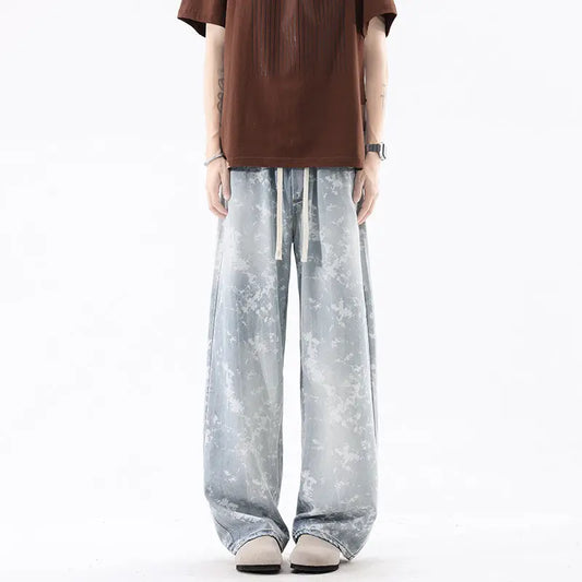 Leather Rayon Denim Pants Men Printed Casual Pants Men Trendy Vintage Retro Long Pants
