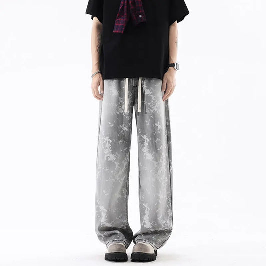 Leather Rayon Denim Pants Men Printed Casual Pants Men Trendy Vintage Retro Long Pants