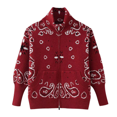 Loose high neck zipper embellished long sleeved cardigan sweater