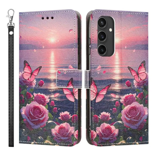 Painted Pattern Vegan Leather Phone Case with Strap, For Galaxy S24 Ultra 5G, For Galaxy S23 FE 5G, For Galaxy S23 Ultra 5G