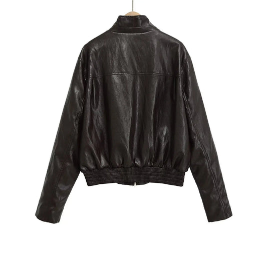 Pocket decoration imitation leather jacket women's clothing