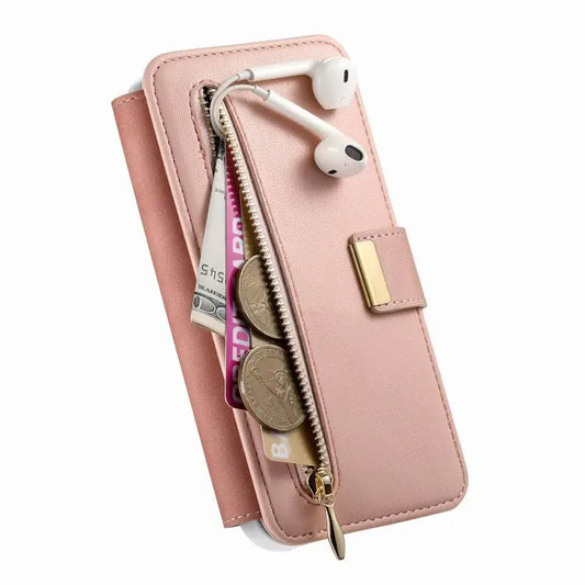 Precision Hole Silver-Edged Ring RFID Blocking Zipper Wallet Magnetic Vegan Leather Phone Case, For iPhone 13 Pro, For iPhone 13