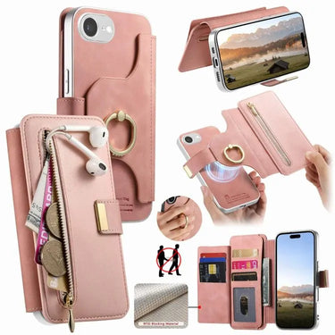 Precision Hole Silver-Edged Ring RFID Blocking Zipper Wallet Magnetic Vegan Leather Phone Case, For iPhone 17, For iPhone 16 Pro Max, For iPhone 16 Pro