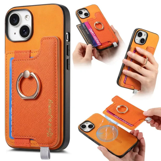 Retro Magsafe Cross Leather Ring Holder Card Bag Phone Case, For iPhone 15, For iPhone 14 Plus, For iPhone 14