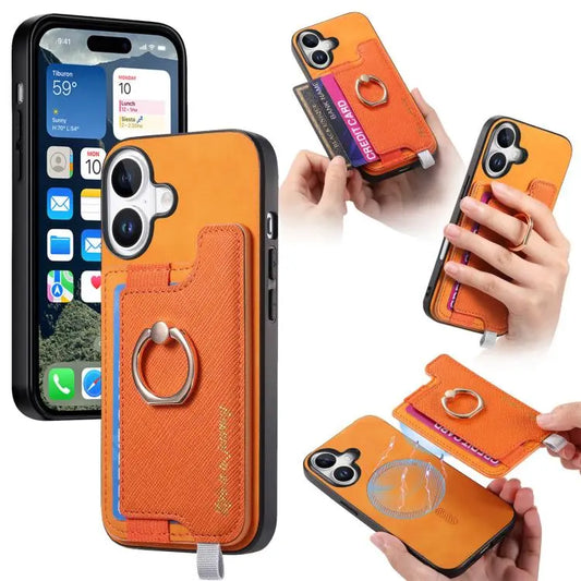 Retro Magsafe Cross Leather Ring Holder Card Bag Phone Case, For iPhone 17, For iPhone Air, For iPhone 16 Pro Max